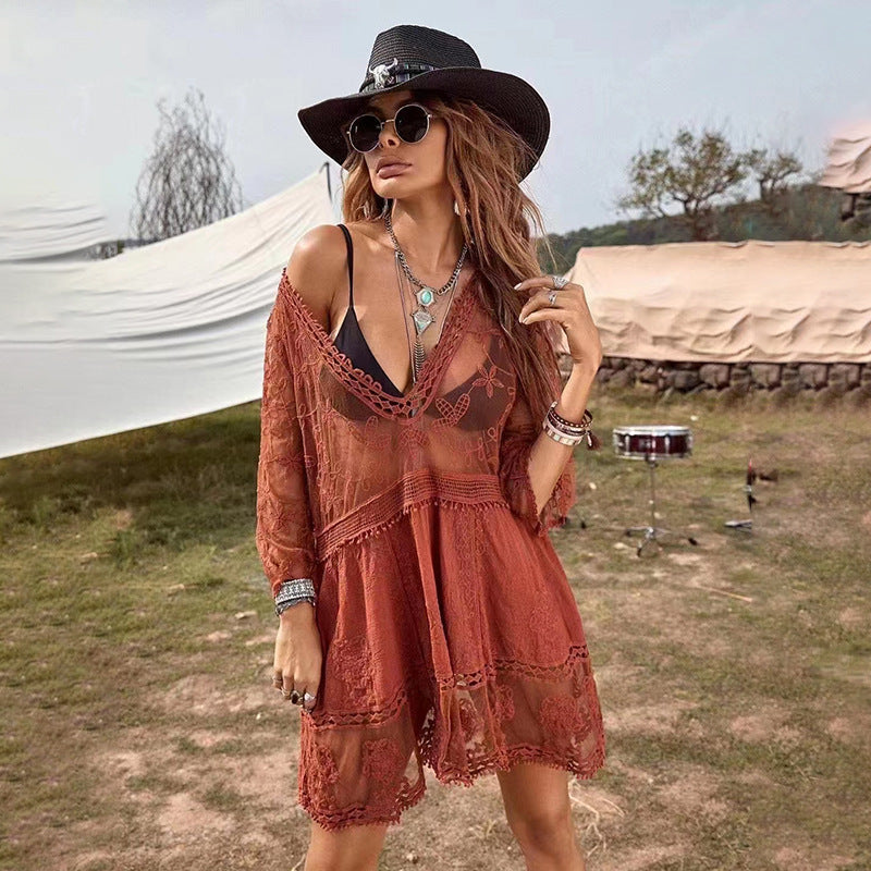 Damen luftiger Beachcover-Up mit aufwendiger Stickerei Drune