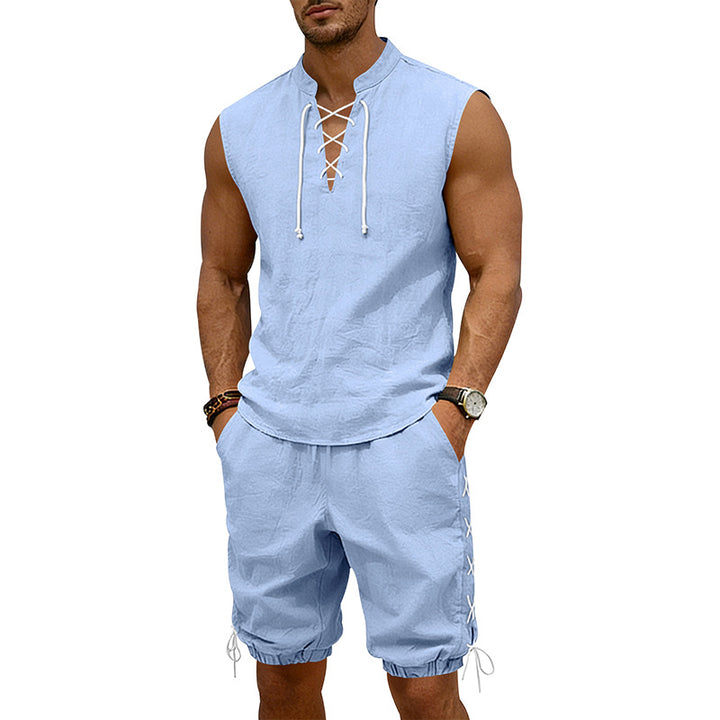 Herren nan ärmelloses Freizeit-Set mit Schnürkragen und Kordelzug-Bermuda Drune