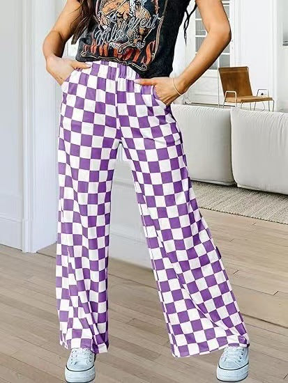 Damen Karierte Palazzo-Hose mit elastischem Bund und praktischen Seitentaschen Drune