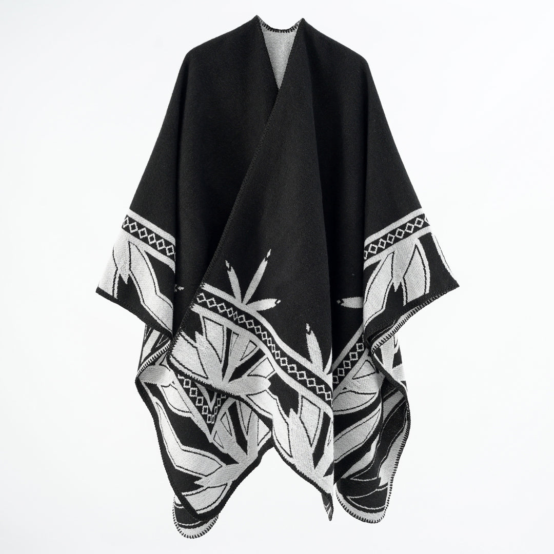 Damen Grobgewebter Umhangponcho aus Wollmix mit V-Ausschnitt und Ornamentjacquard Drune