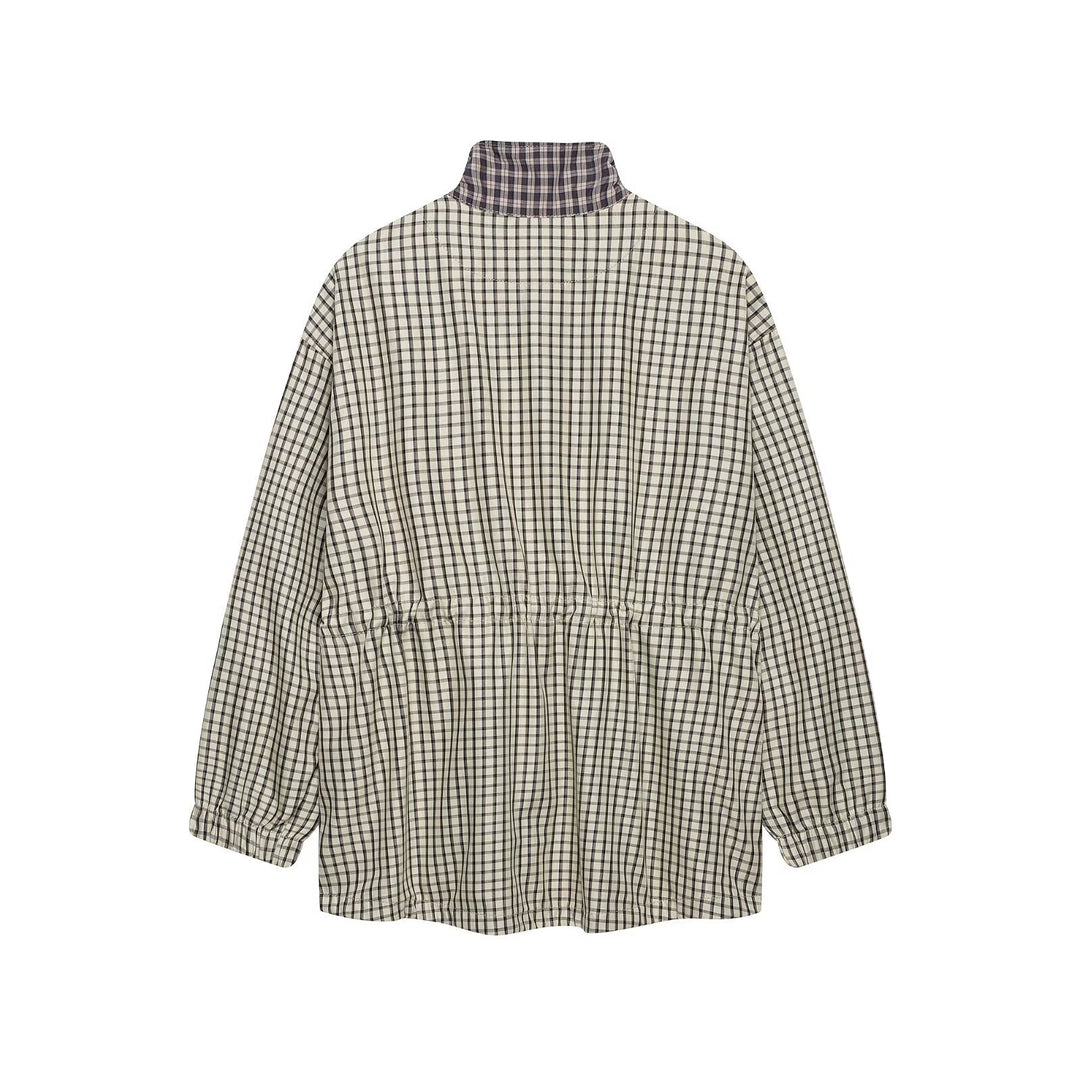 Damen Karierte Oversize-Parka mit Tunnelzug, Stehkragen und aufgesetzten Pattentaschen Drune