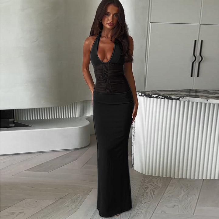 Damen Elegantes Maxikleid mit tiefem V-Ausschnitt und gerafftem Oberteil Drune