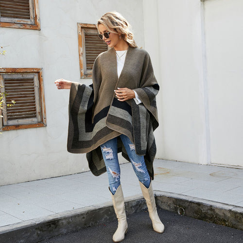 Damen Wolloptik-Poncho mit asymmetrischen Blockstreifen und Zierstichkante Drune
