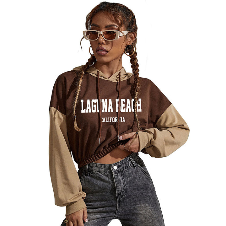Damen Cropped Hoodie mit Kontrastärmeln, elastischem Saum und schmelzendem Smiley-Print Drune