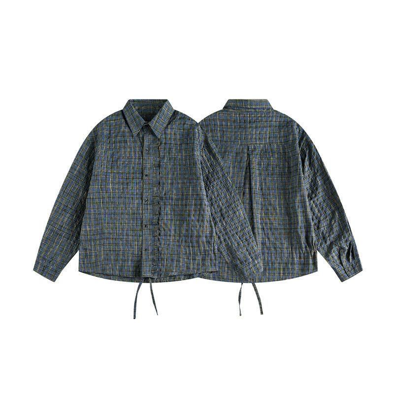 Unisex Kariertes Overshirt mit Tunnelzugsaum und verdeckter Knopfleiste Drune