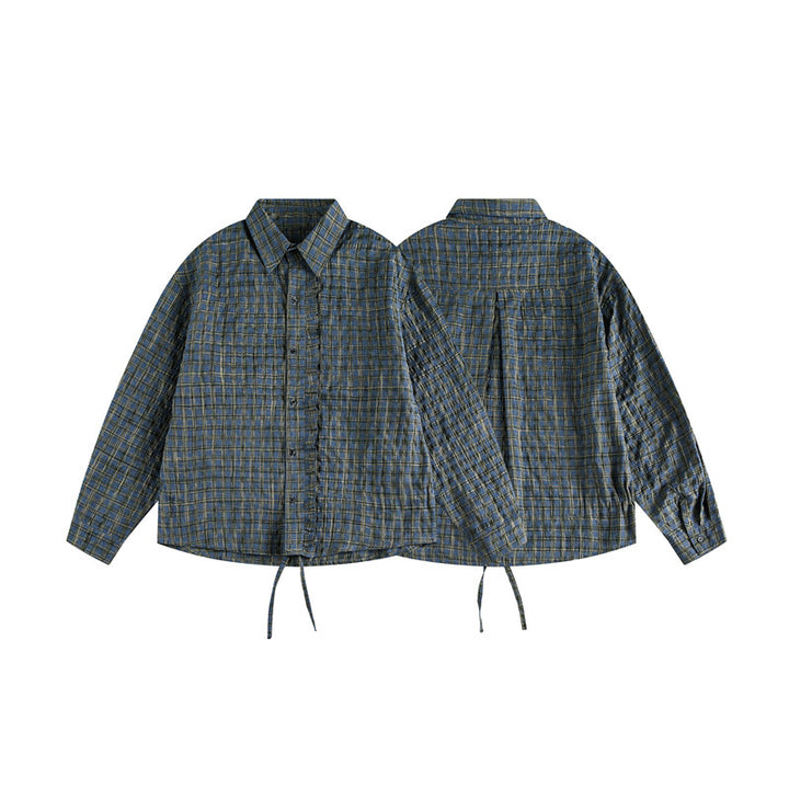 Unisex Kariertes Overshirt mit Tunnelzugsaum und verdeckter Knopfleiste Drune