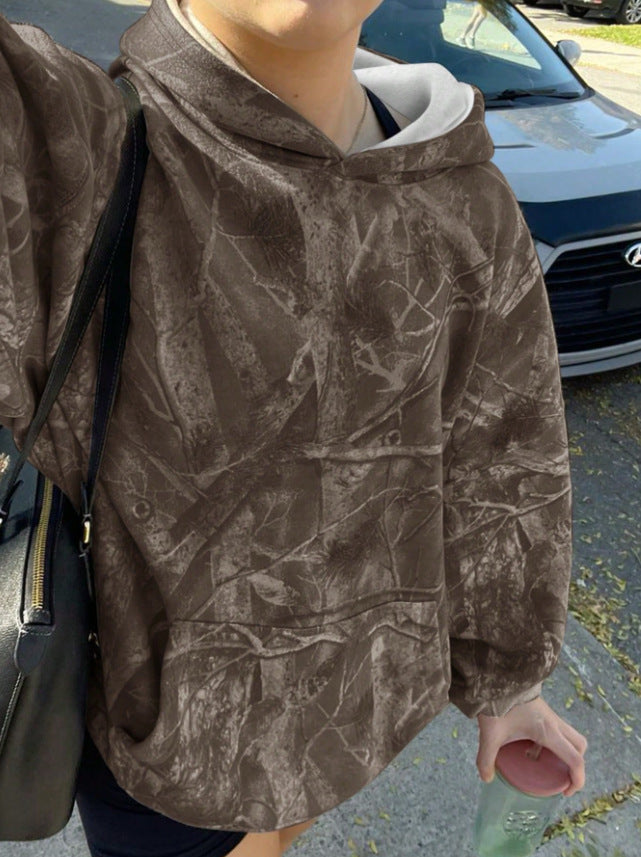 Damen Oversize Kapuzenpullover mit Naturmuster und Kängurutasche Drune