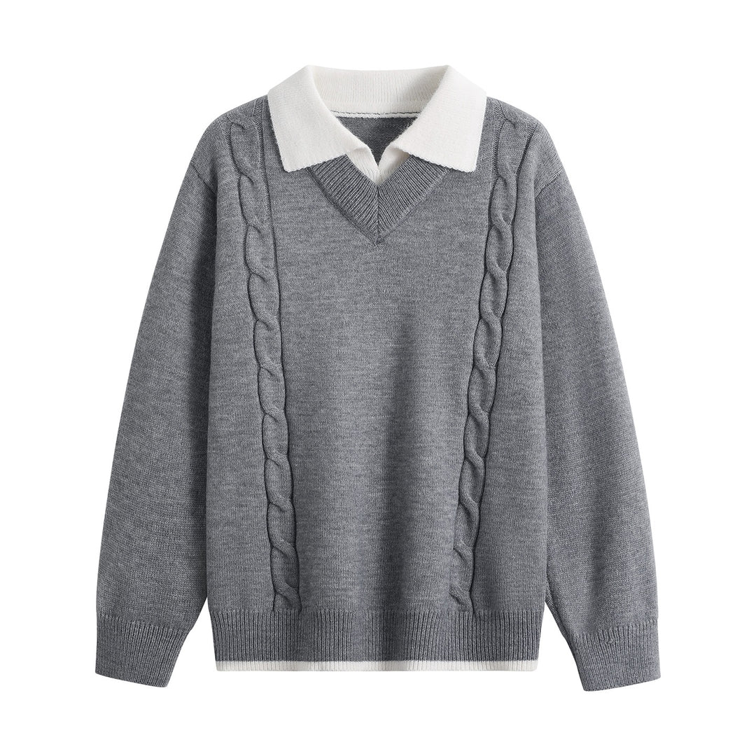 Damen Oversize-Pullover mit V-Ausschnitt, kontrastierendem Polokragen & Zopfstrick-Details Drune