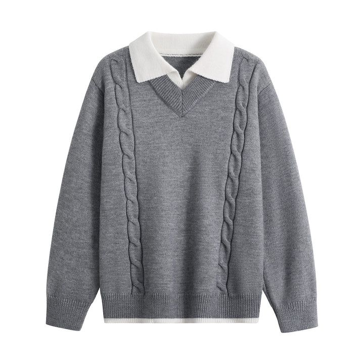 Damen Oversize-Pullover mit V-Ausschnitt, kontrastierendem Polokragen & Zopfstrick-Details Drune