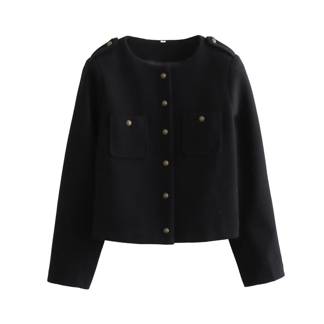 Damen nan kurz geschnittene Boxy-Wollmix-Jacke mit Rundhalsausschnitt, aufgesetzten Brusttaschen und Schulterpatten Drune