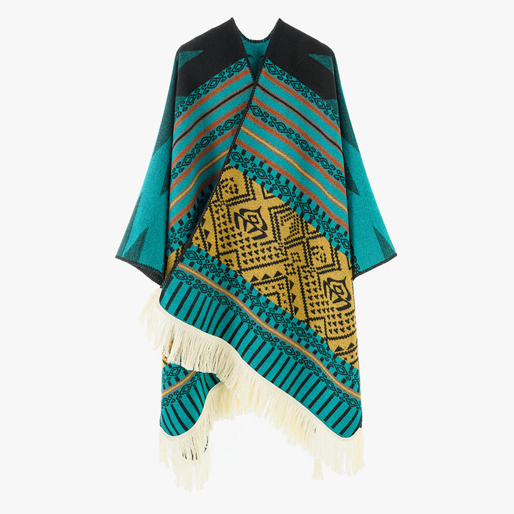 Damen Ethno-Jacquard Cape aus Wollmix mit asymmetrischem Saum, V-Ausschnitt und Fransen Drune