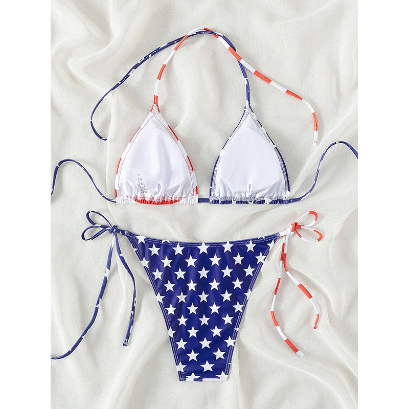 Damen Triangel-Bikini mit verstellbaren Schleifen und patriotischem Design Drune