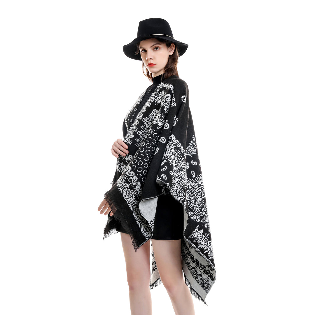 Damen Jacquard-Umhangponcho mit Paisley-Muster und Fransen Drune