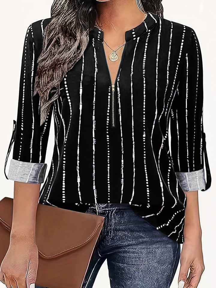 Damen Leichte Viskose-Bluse mit Stehkragen, Reißverschluss und vertikalem Punktstreifen Drune