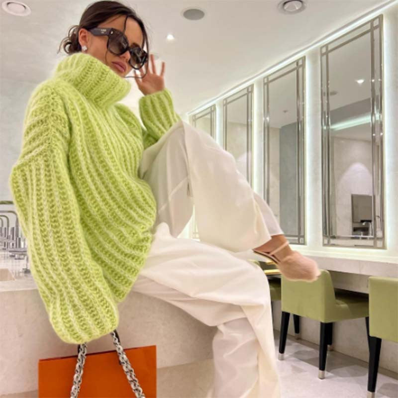Damen Oversize-Pullover mit hohem Kragen und strukturiertem Zopfstrick Drune