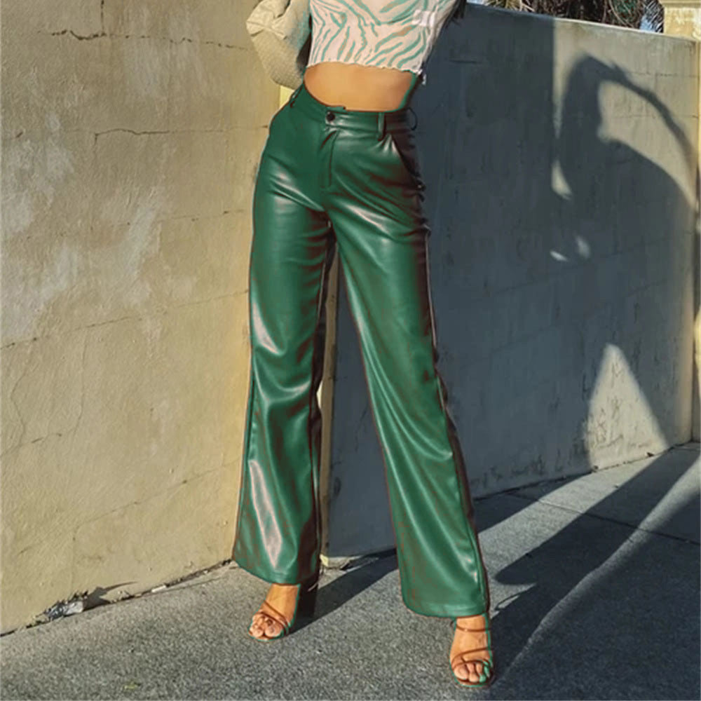 Damen Modische Kunstlederhose mit weitem Bein und eleganter Passform Drune