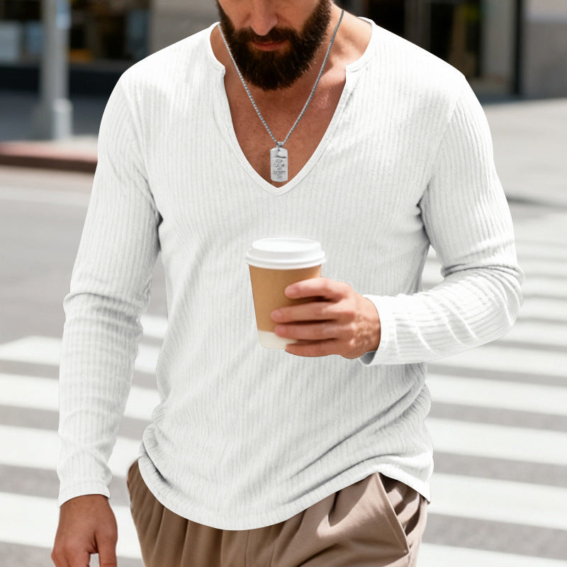 Herren nan geripptes V-Ausschnitt Langarmshirt aus leichter Baumwollmischung Drune