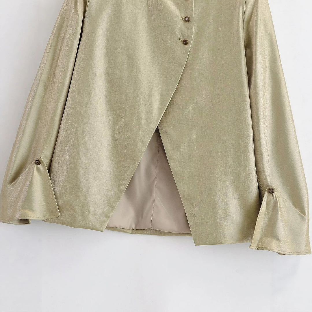 Damen Glänzende A-Linien-Jacke mit asymmetrischer Knopfleiste und Glockenärmeln Drune