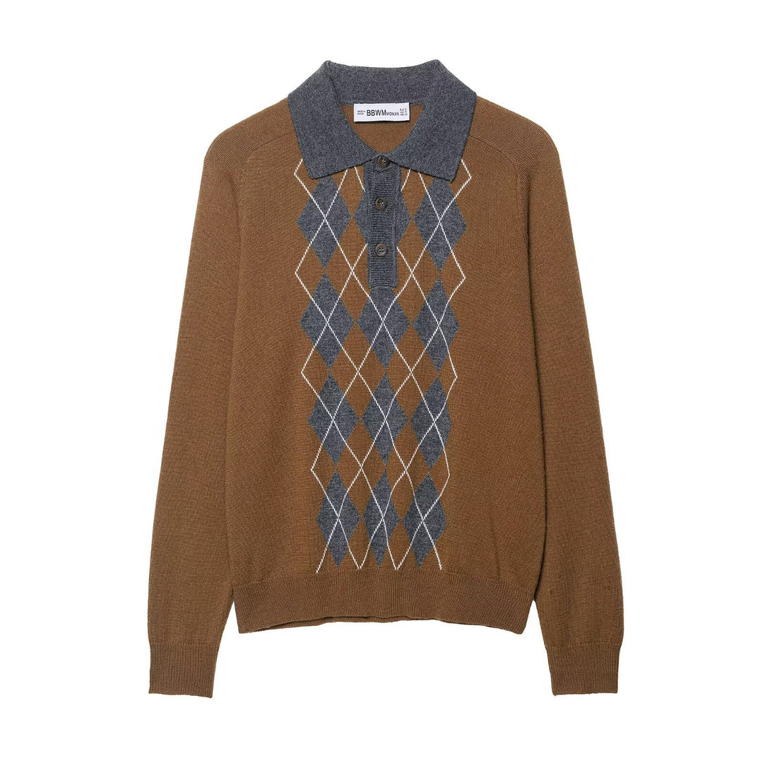 Damen Strickpullover mit modischem Rautenmuster und klassischem Polokragen Drune