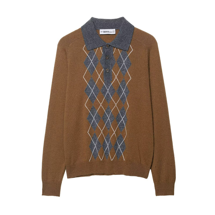 Damen Strickpullover mit modischem Rautenmuster und klassischem Polokragen Drune