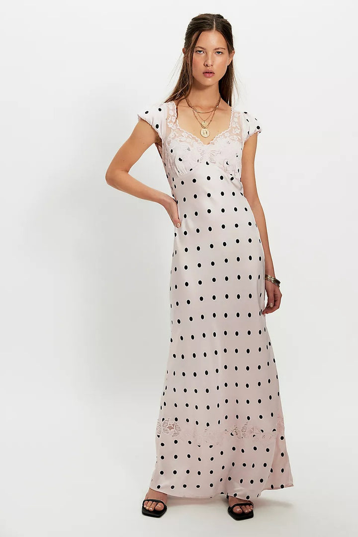 Damen Elegantes Maxikleid mit Polka-Dots und romantischem Rückenausschnitt Drune