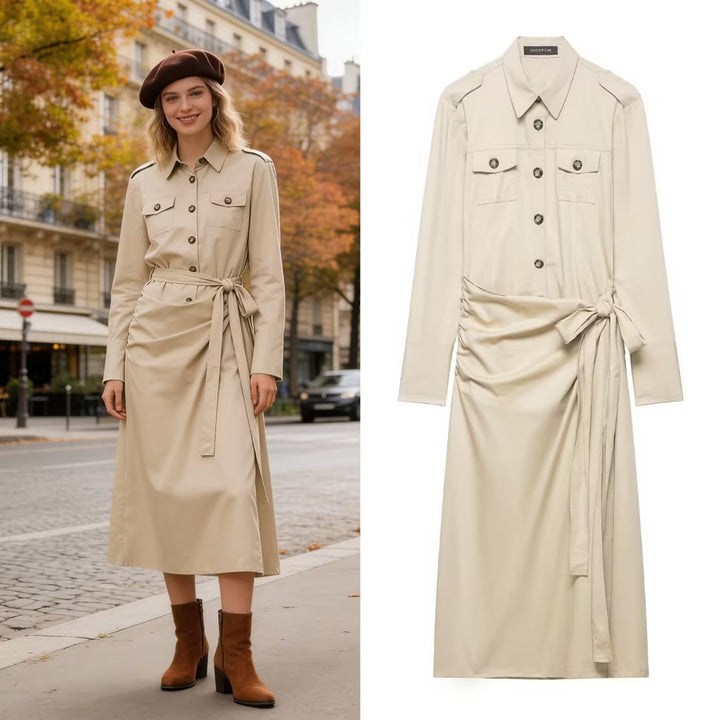 Damen Hemdblusenkleid mit Knotenbindegürtel, Pattentaschen und schmaler Taille Drune