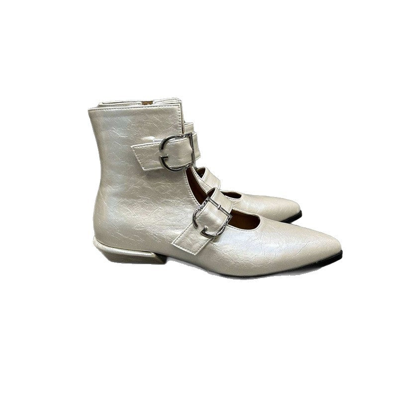 Damen Spitz zulaufende Ankle-Boots mit Doppelriemen, Schnallen und niedrigem Blockabsatz Drune