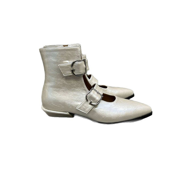 Damen Spitz zulaufende Ankle-Boots mit Doppelriemen, Schnallen und niedrigem Blockabsatz Drune