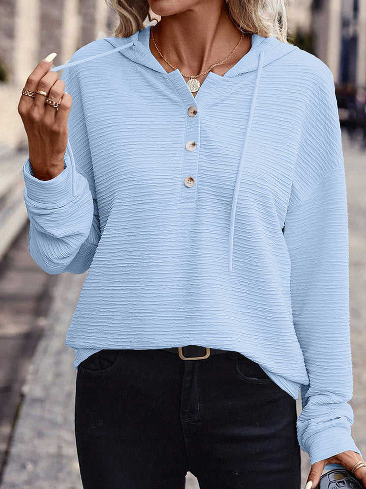 Damen Lässiges strukturiertes Kapuzen-Henley-Shirt mit Knopfleiste und Oversize-Schnitt Drune