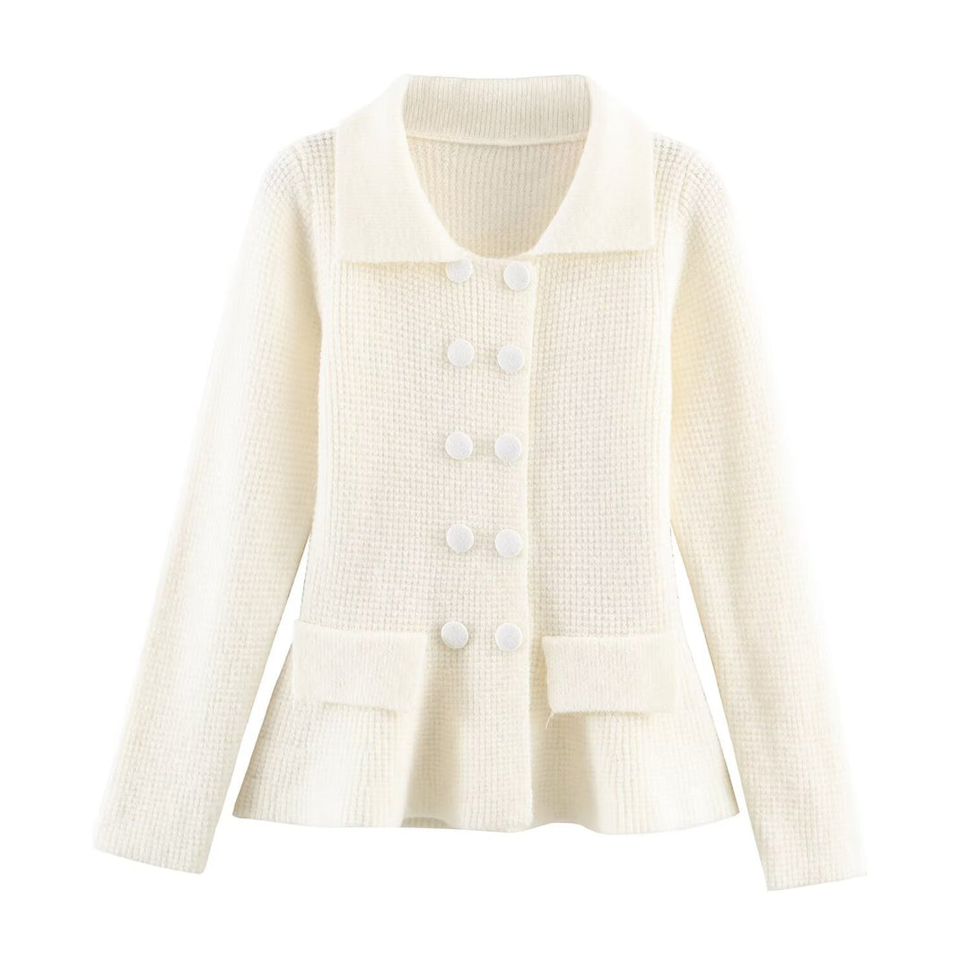 Damen Doppelreihige Bouclé-Jacke mit Schößchen, aufgesetzten Taschen und Hemdkragen Drune