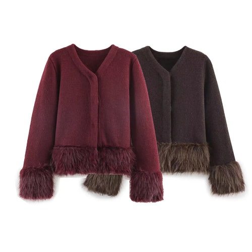 Damen nan kurze Wolljacke mit flauschigem Kunstfellbesatz am Saum und Ärmeln Drune