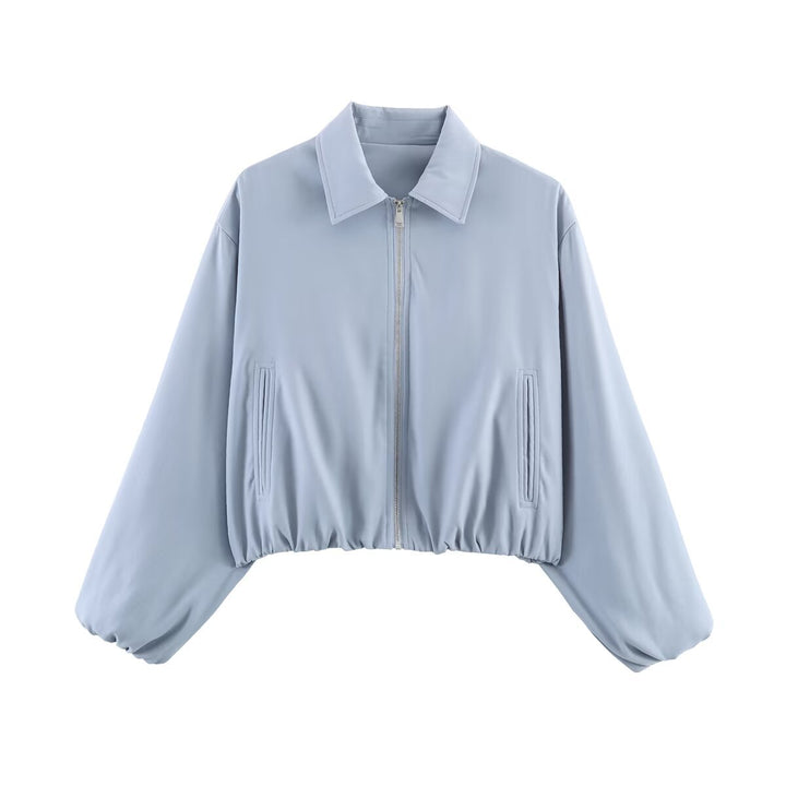 Damen Kurzjacke im Harrington‑Stil mit Polka‑Dot‑Muster, Ballonärmeln und elastischem Saum Drune