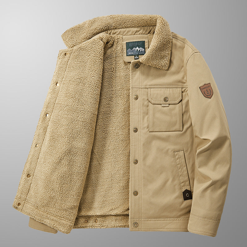 Herren Sherpa-gefütterte Canvas-Truckerjacke mit Teddyfutter und Utility‑Taschen Drune