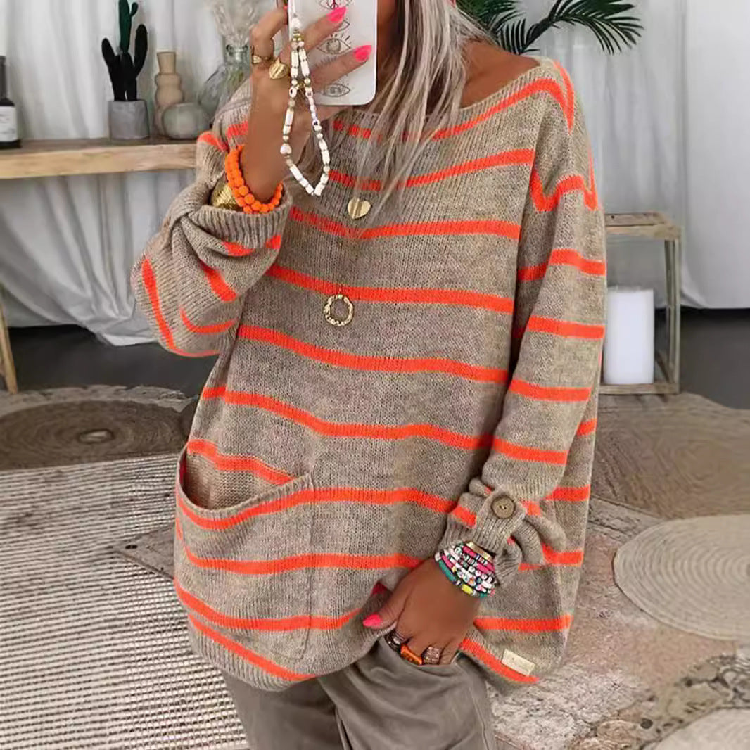 Damen lässiger Strickpullover mit langen Ärmeln und großzügigen Taschen Drune