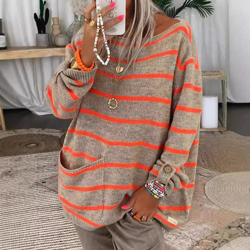 Damen lässiger Strickpullover mit langen Ärmeln und großzügigen Taschen Drune