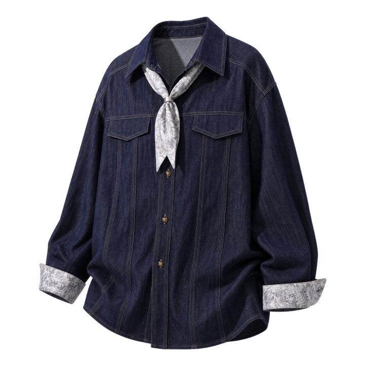 Damen Oversize-Chambray-Hemdbluse mit Ziernähten, Brustklappen & integriertem Halstuch Drune