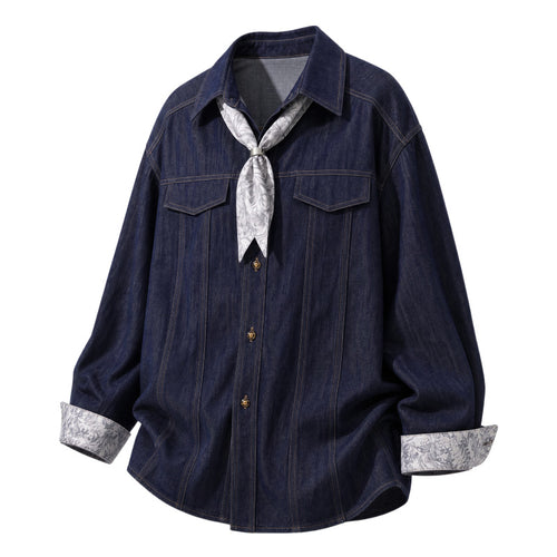 Damen Oversize-Chambray-Hemdbluse mit Ziernähten, Brustklappen & integriertem Halstuch Drune