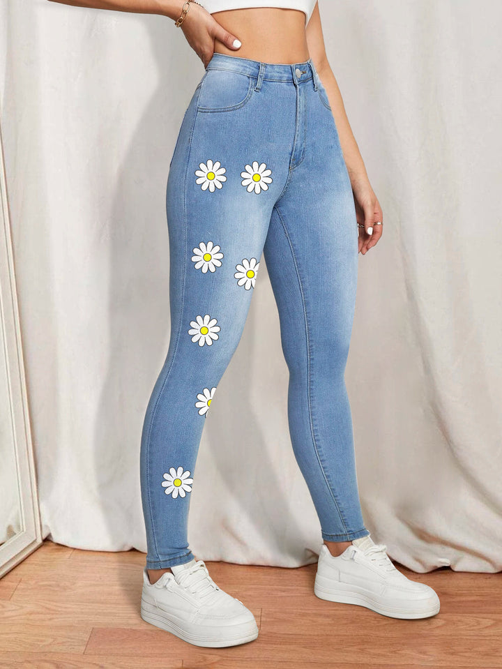 Damen High-Waist Skinny-Jeans mit aufgedruckten Margeriten und figurformendem Stretch Drune