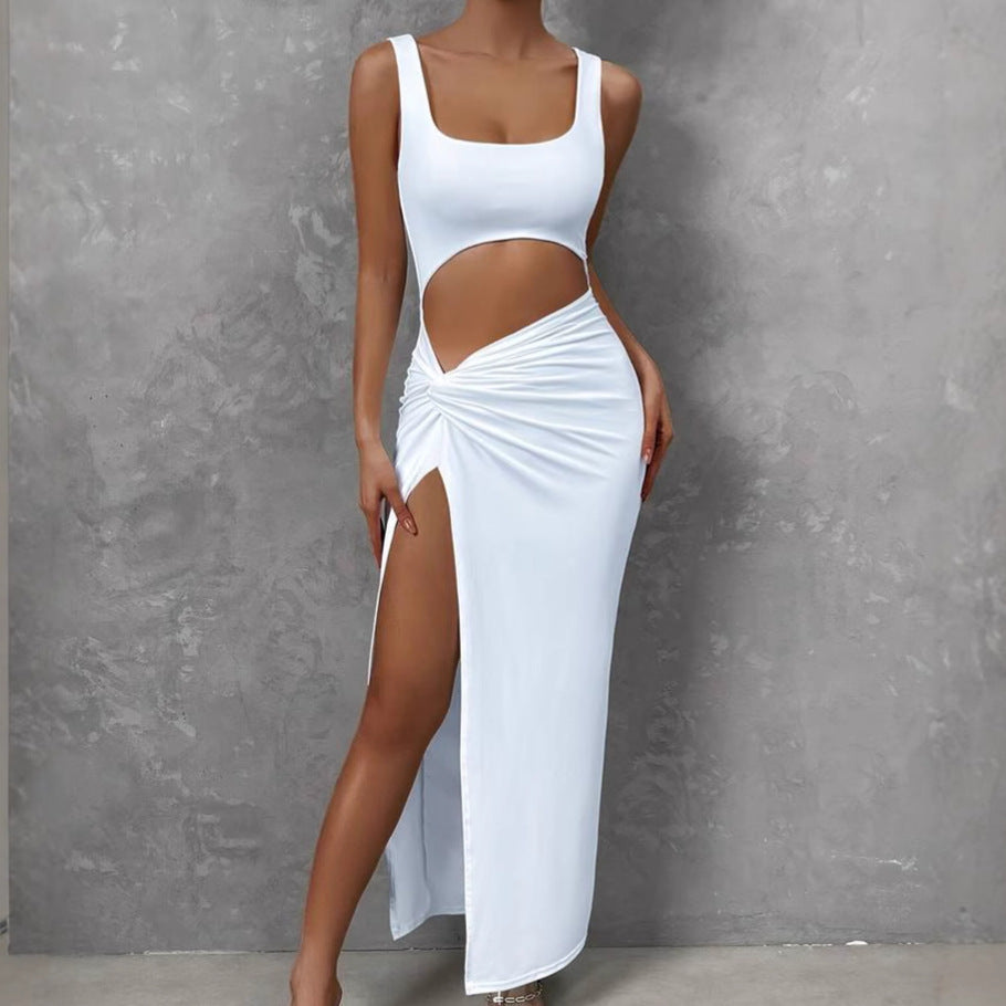 Damen Figurbetontes Cut-Out Maxikleid mit hohem Schlitz und Rüschendetail Drune