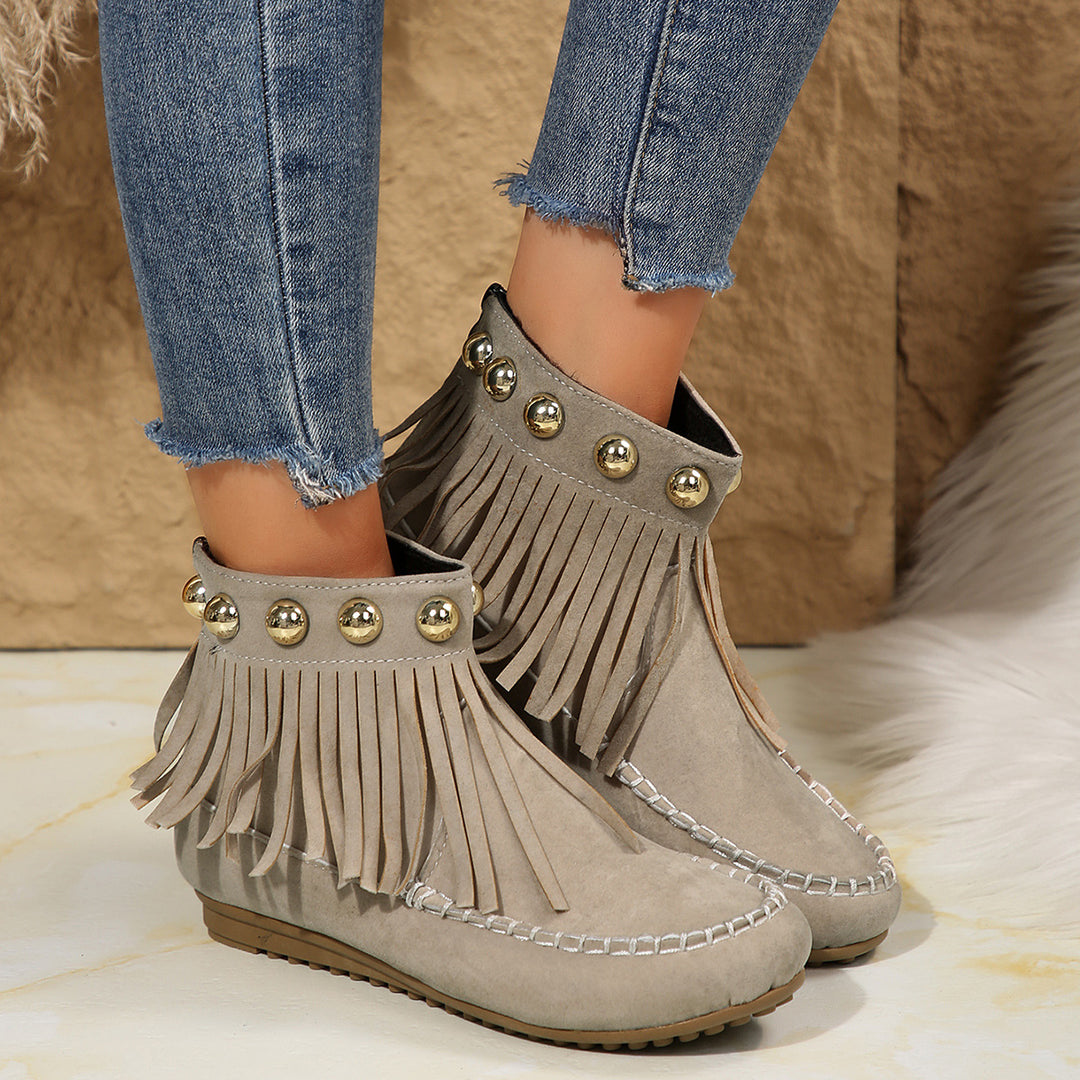 Damen Fransen-Mokassin-Stiefelette mit Ziernieten und Rückenreißverschluss Drune