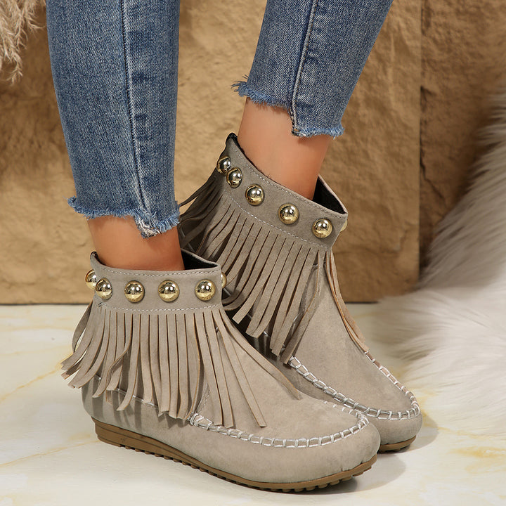 Damen Fransen-Mokassin-Stiefelette mit Ziernieten und Rückenreißverschluss Drune