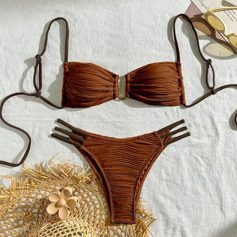 Damen Bandeau-Bikini mit raffiniertem Rüschendesign und verstellbaren Trägern Drune