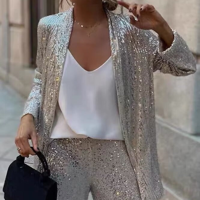 Damen nan festliches Pailletten-Zweiteiler mit offenem Kimono-Blazer und elastischer Plisseehose Drune