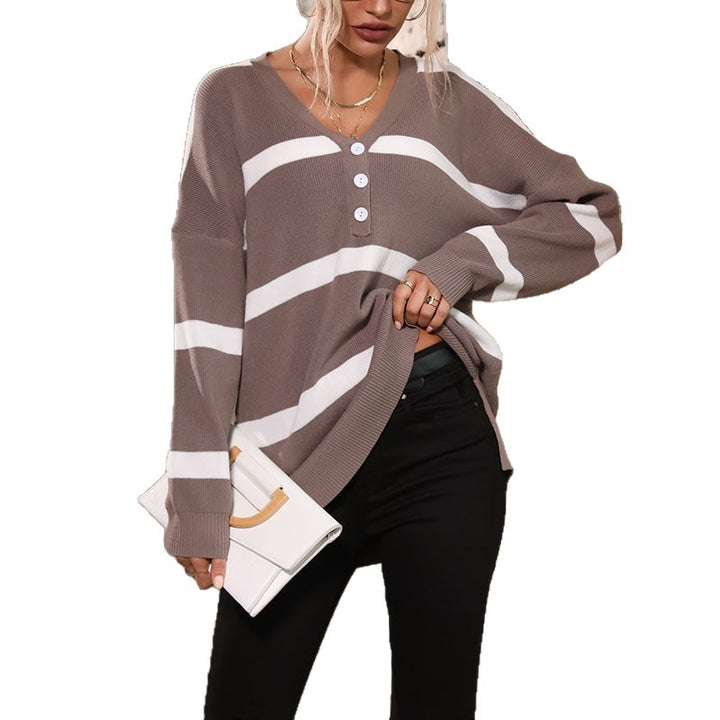 Damen Lässiger Strickpullover mit V-Ausschnitt und Knopfleiste Drune