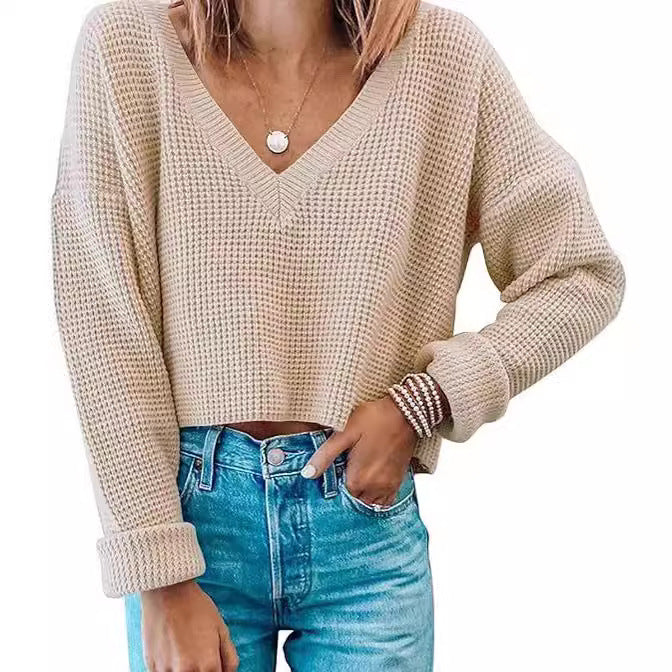 Damen lässiger V-Ausschnitt Pullover im Waffelmuster Drune