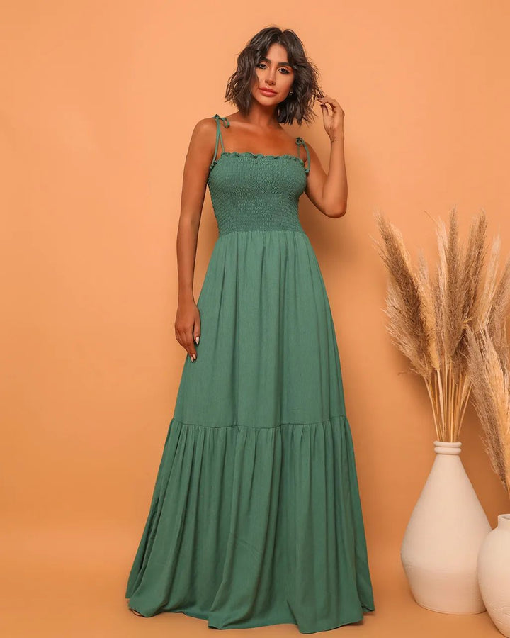 Damen Maxikleid mit elastischem Oberteil und verspieltem Bindeband Drune
