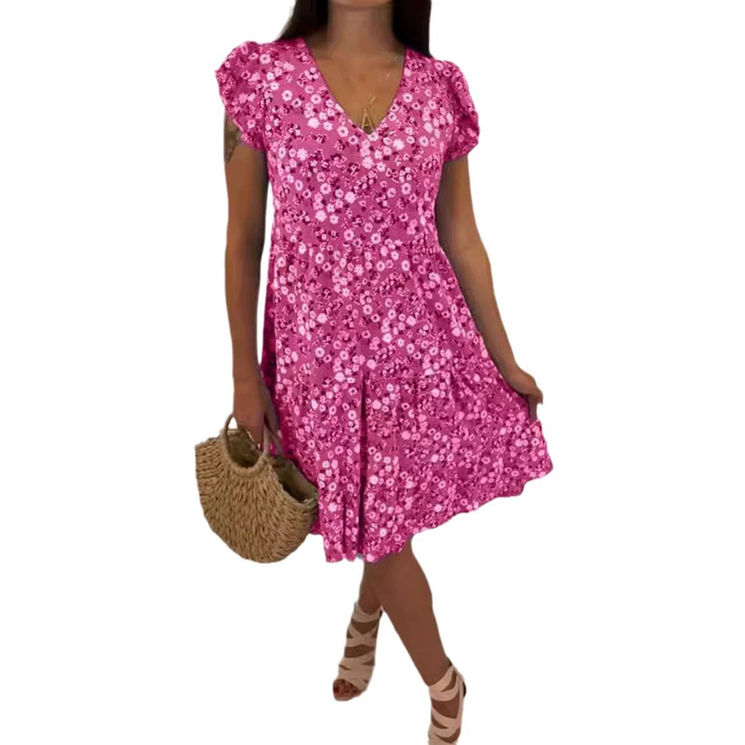 Damen nan V-Ausschnitt Kleid mit geraffter Taillennaht, kurzen Volantärmeln und stufigem Rock Drune