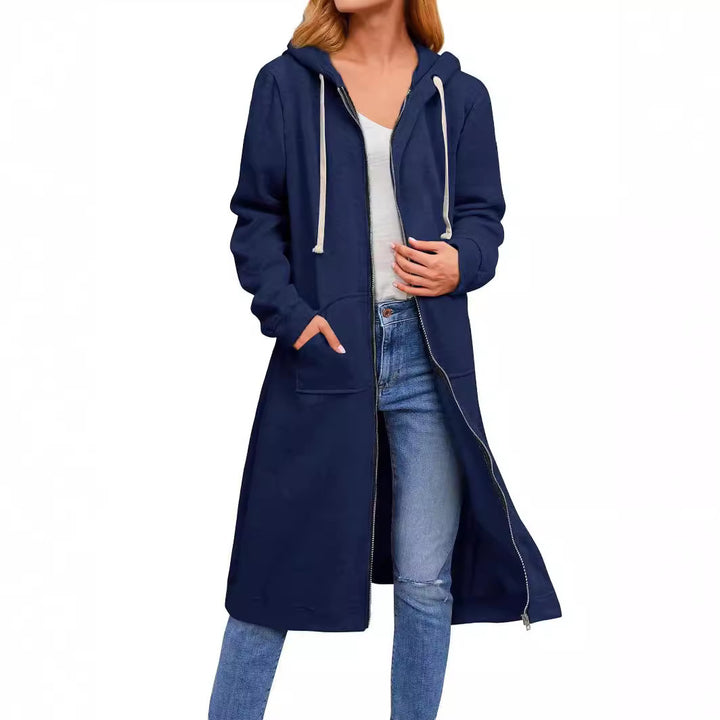 Damen Langer Kapuzen-Sweatmantel mit Zwei-Wege-Reißverschluss und Kängurutaschen Drune