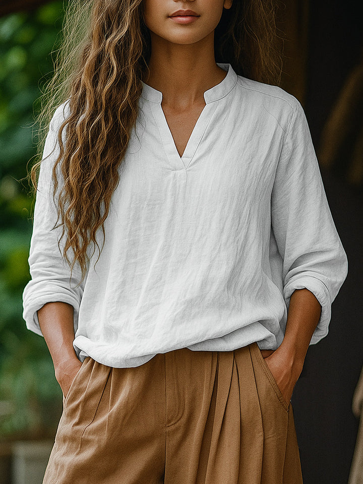 Damen Casual Tunika-Bluse in Leinenoptik mit kleinem Stehkragen und V‑Schlitz Drune