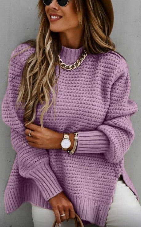 Damen Grobstrick Pullover mit hohem Kragen und Strukturmuster Drune